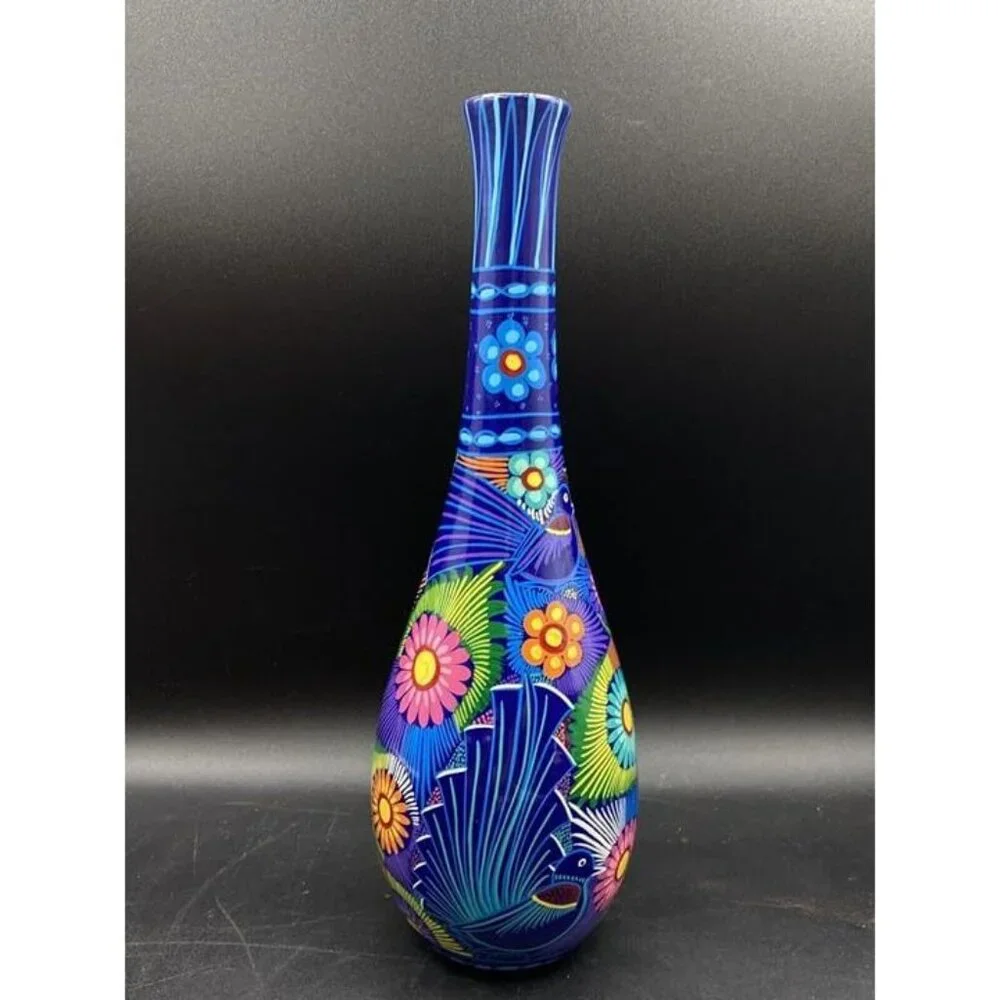 Talavera Bright Colors Birds by Rufina Trujillo Tall Vase 12.25” Tall